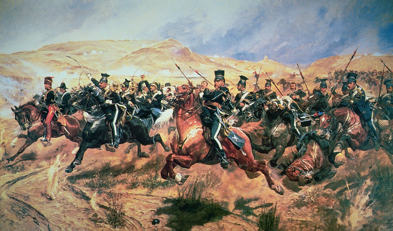 Painting of British light cavalry galloping with sabres into Russian gunners