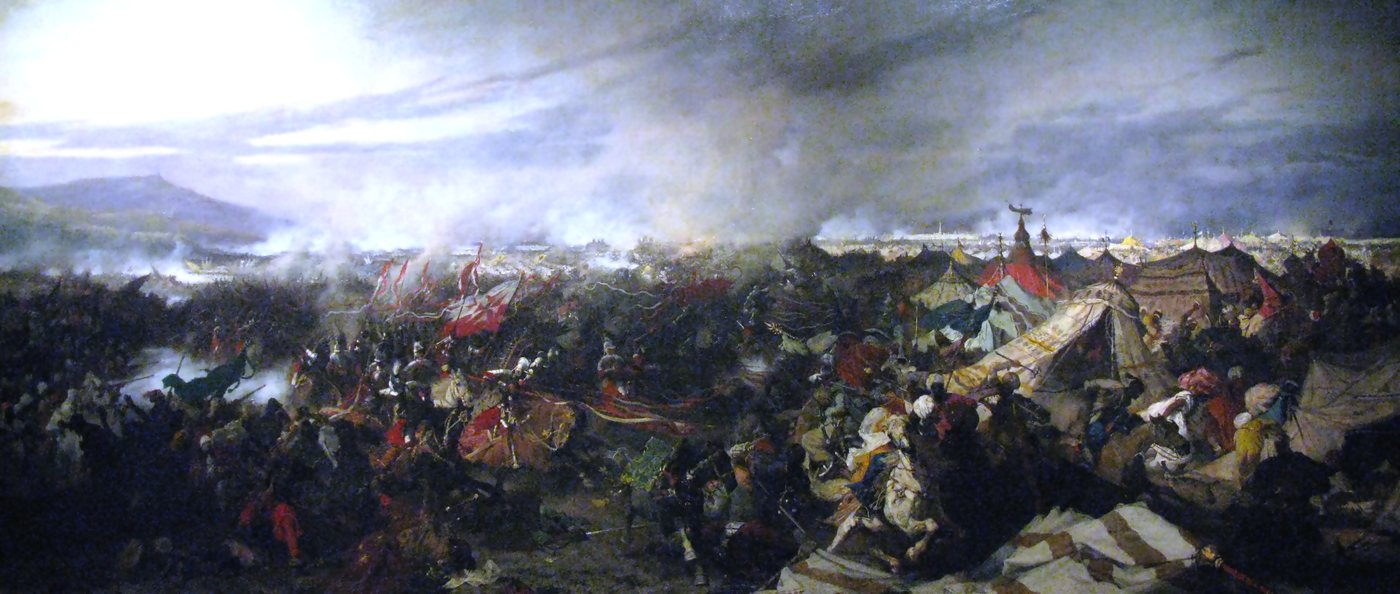Wide painting of horsemen and banners sweeping through a smoky battlefield and tents