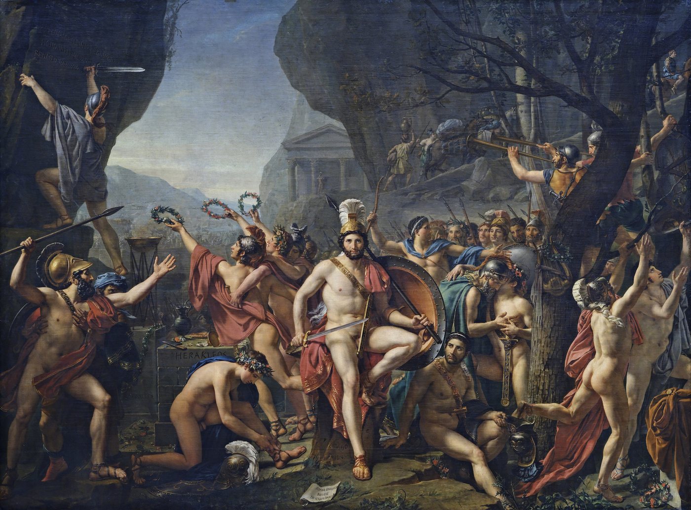 Neoclassical painting of Leonidas seated among Spartan warriors in a rocky pass