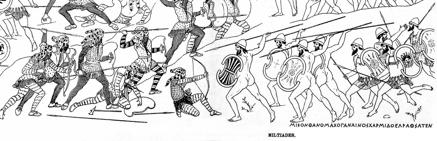 Line drawing of Greek hoplites with shields fighting Persian archers