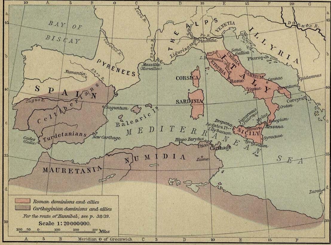 Historical map of the western Mediterranean with Roman and Carthaginian territories