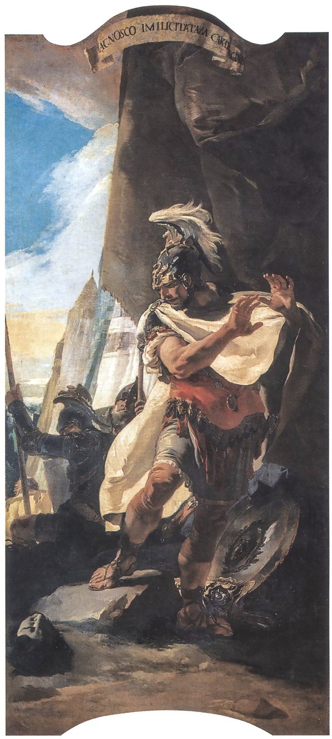 Tall painting of a helmeted commander recoiling from a severed head held up to him