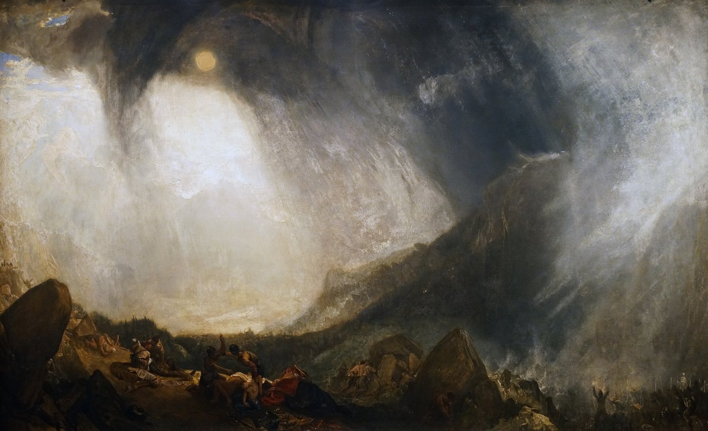 Swirling storm clouds over a mountain valley with tiny figures of an army below