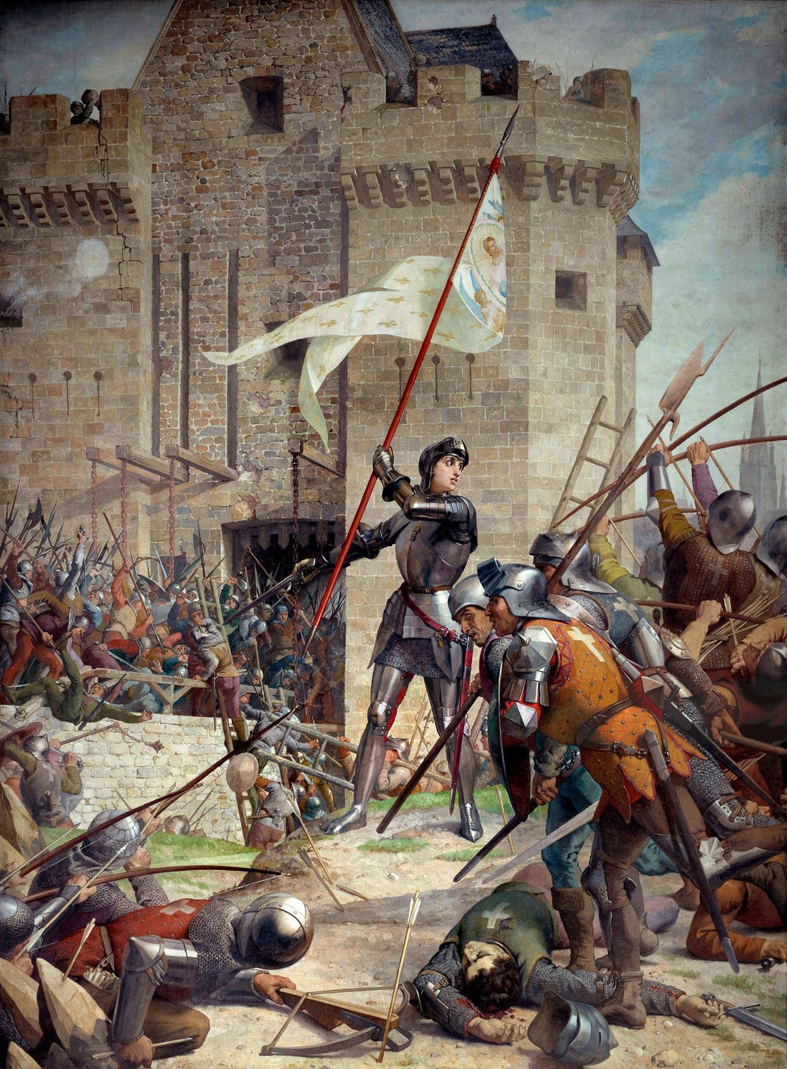 Mural of Joan of Arc in armour raising a banner before a castle gate amid soldiers