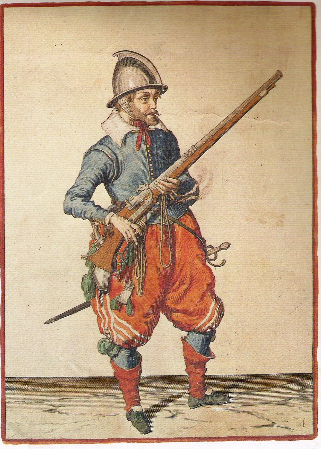 Engraving of a musketeer in a helmet and puffed breeches holding a matchlock musket