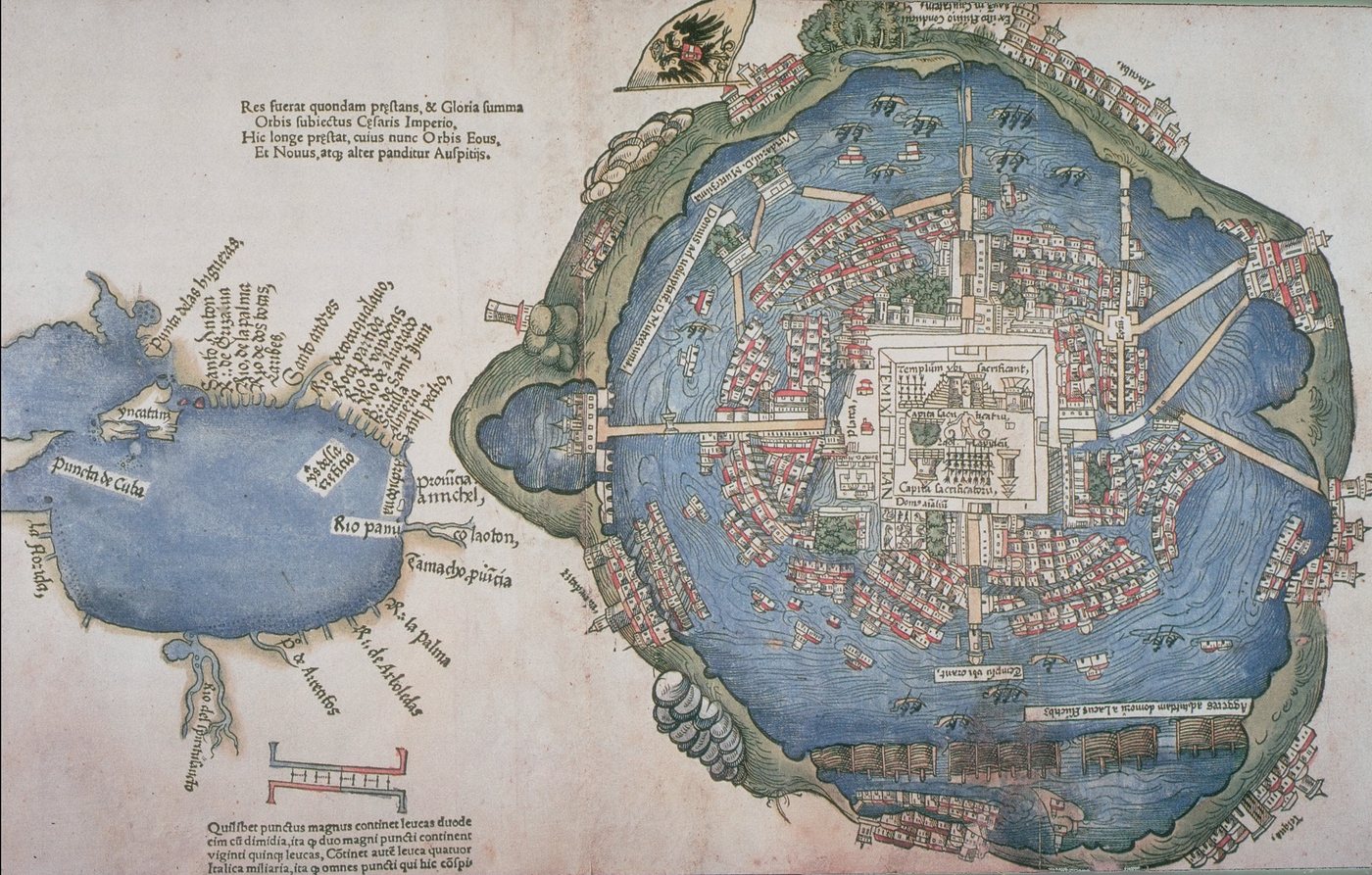 Woodcut map of the island city of Tenochtitlan in the middle of a lake