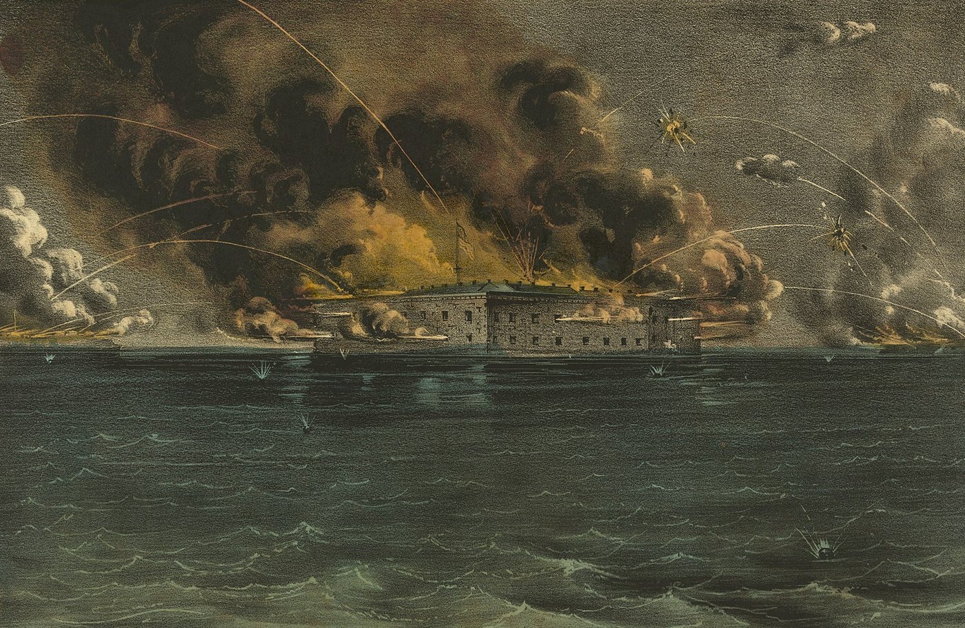 Lithograph of Fort Sumter under fire, shells arcing over the harbor