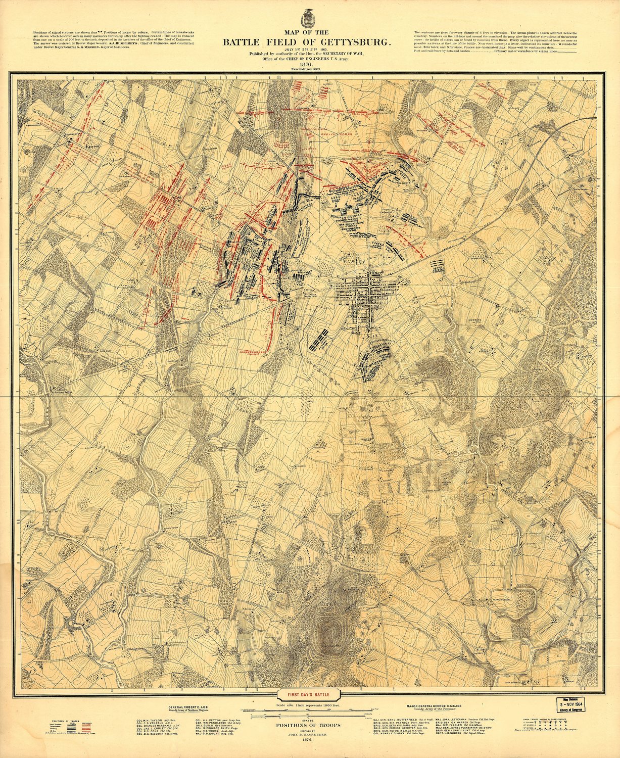 Detailed 19th-century map of the Gettysburg battlefield with troop positions for the first day