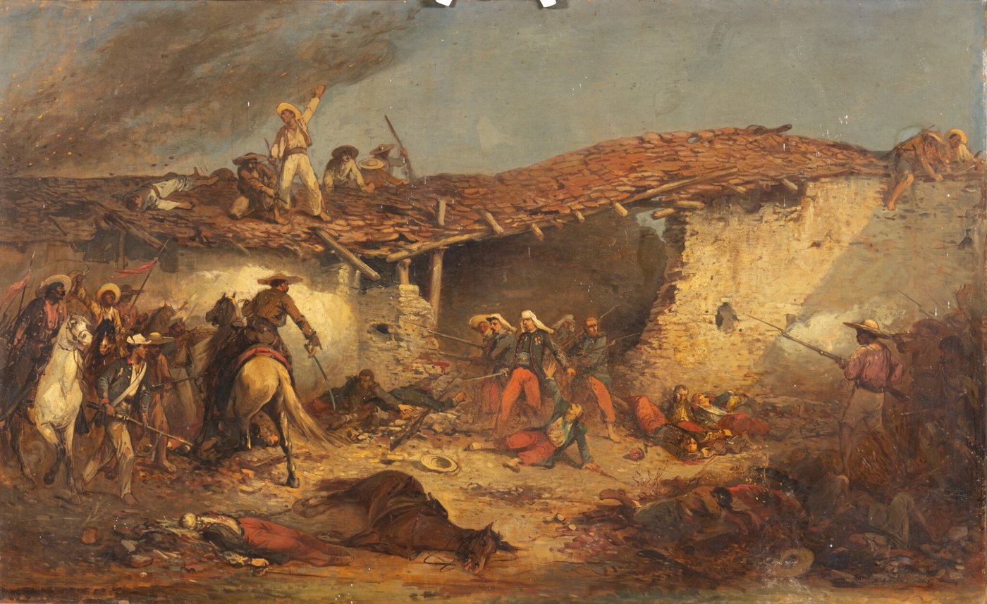 Painting of soldiers fighting from a burning farmhouse surrounded by attackers