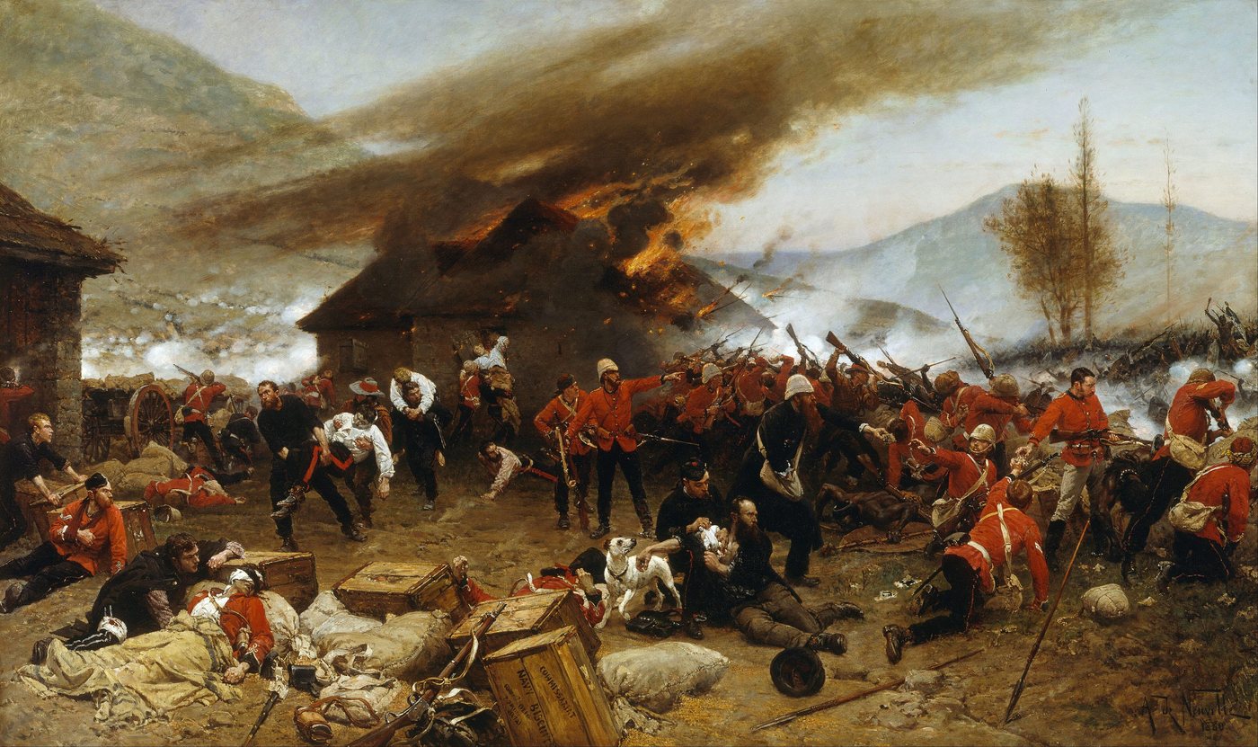 Painting of red-coated soldiers fighting behind barricades of sacks in front of a burning building