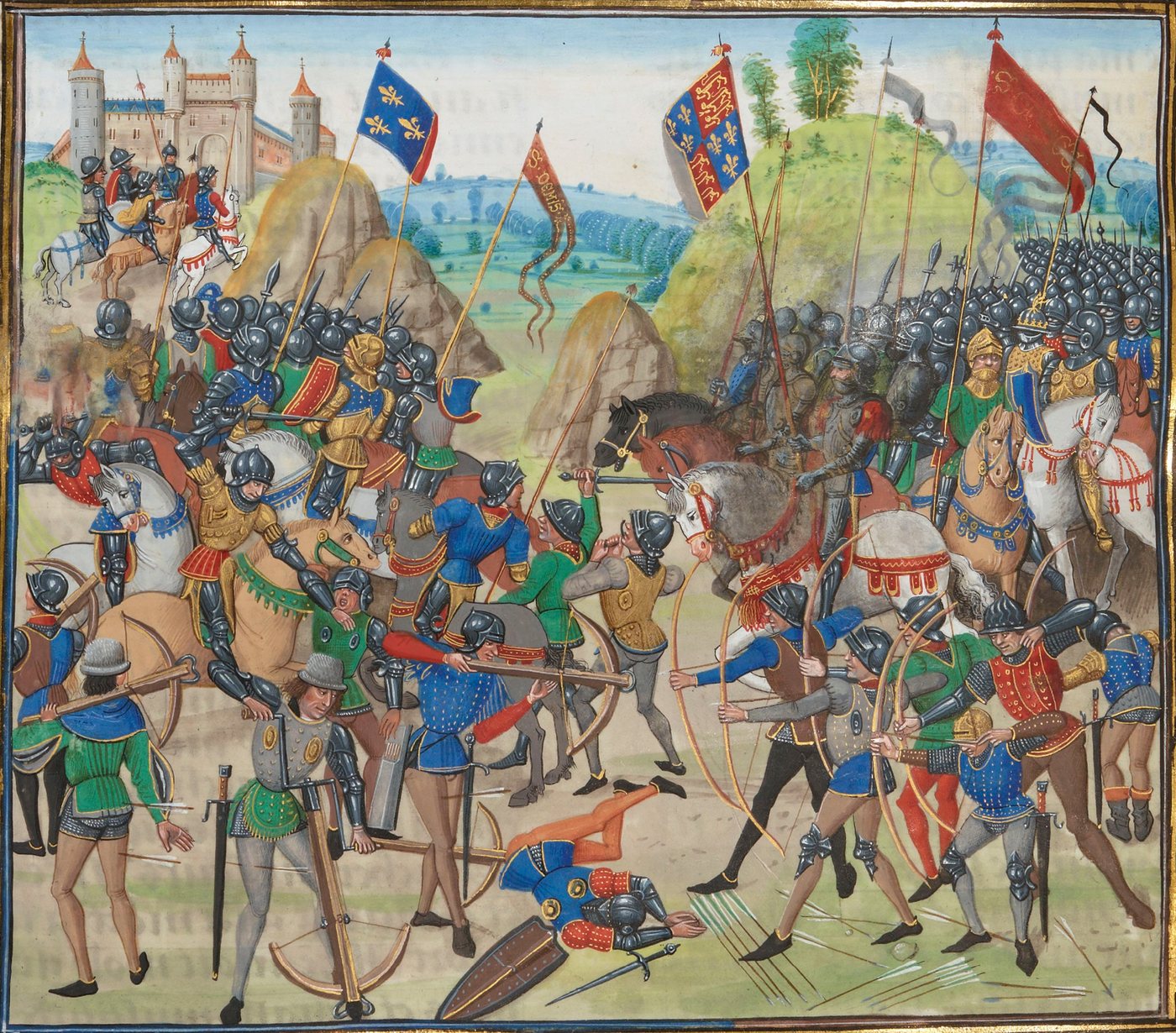 Medieval miniature of longbowmen and crossbowmen shooting at each other before knights