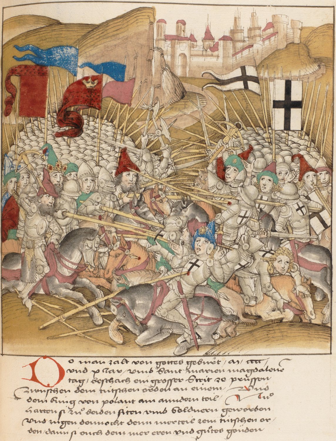 Medieval miniature of armoured knights clashing under Teutonic and Polish banners