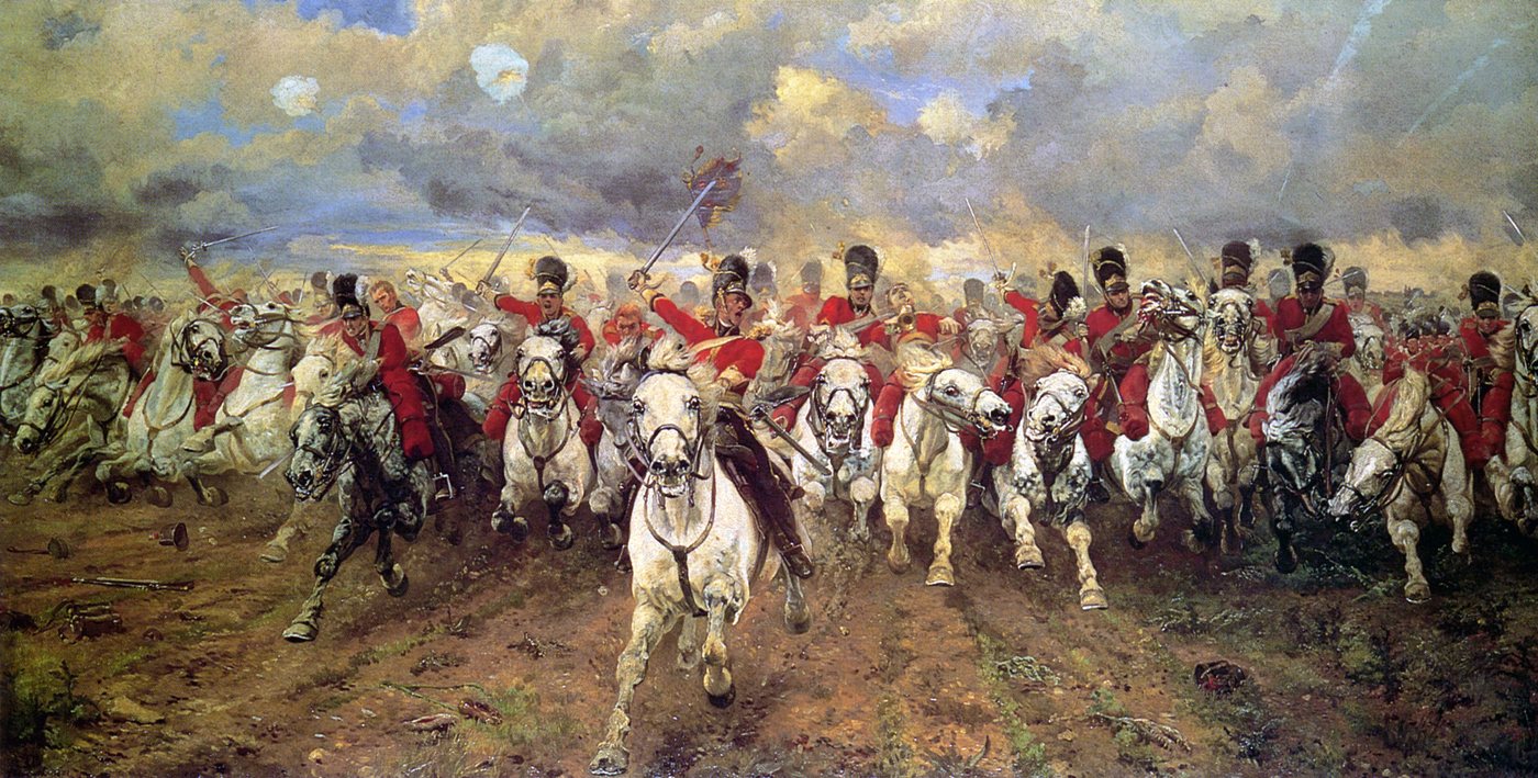 Painting of grey horses and cavalrymen charging straight at the viewer