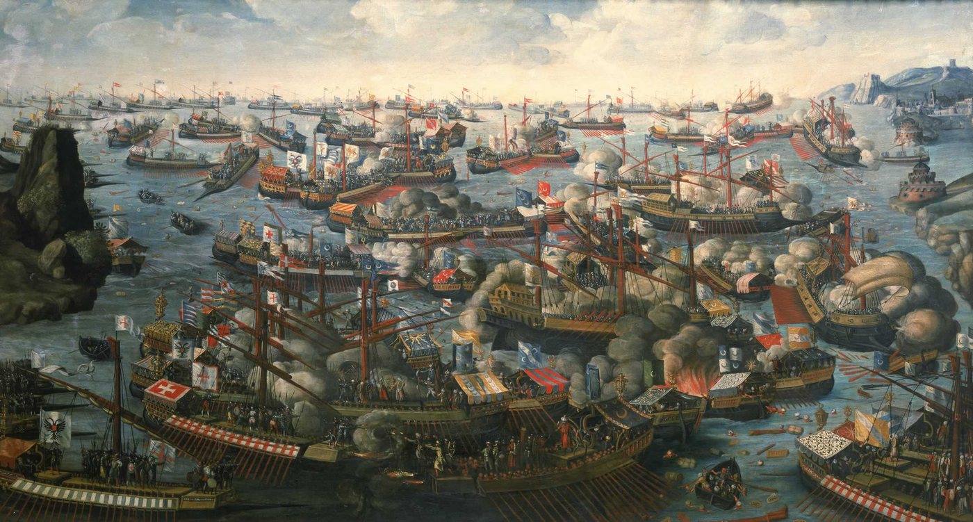 Late 16th century painting of galley fleets clashing at Lepanto
