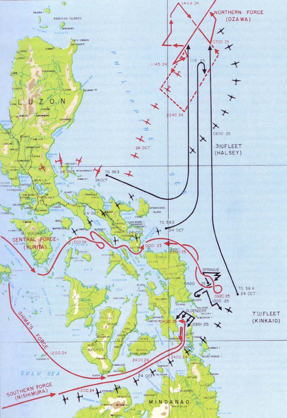 Map of fleet movements around the Philippines in the Battle of Leyte Gulf