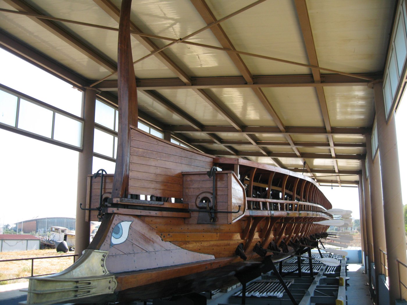 Reconstructed Greek trireme Olympias in a museum shelter