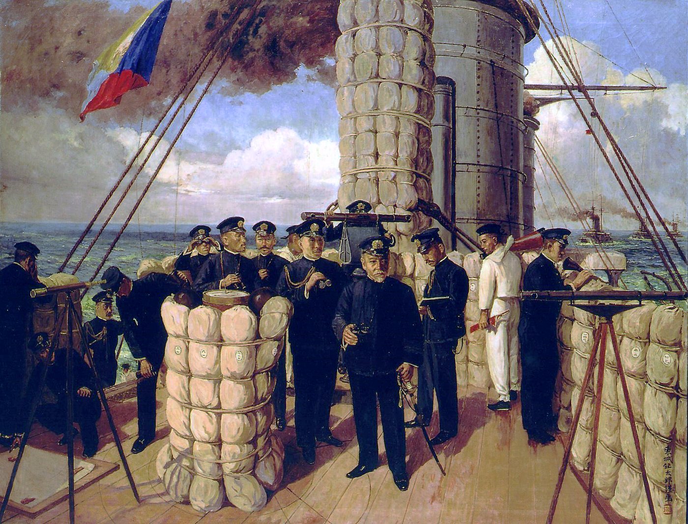 Admiral Togo and his officers on the bridge of the battleship Mikasa