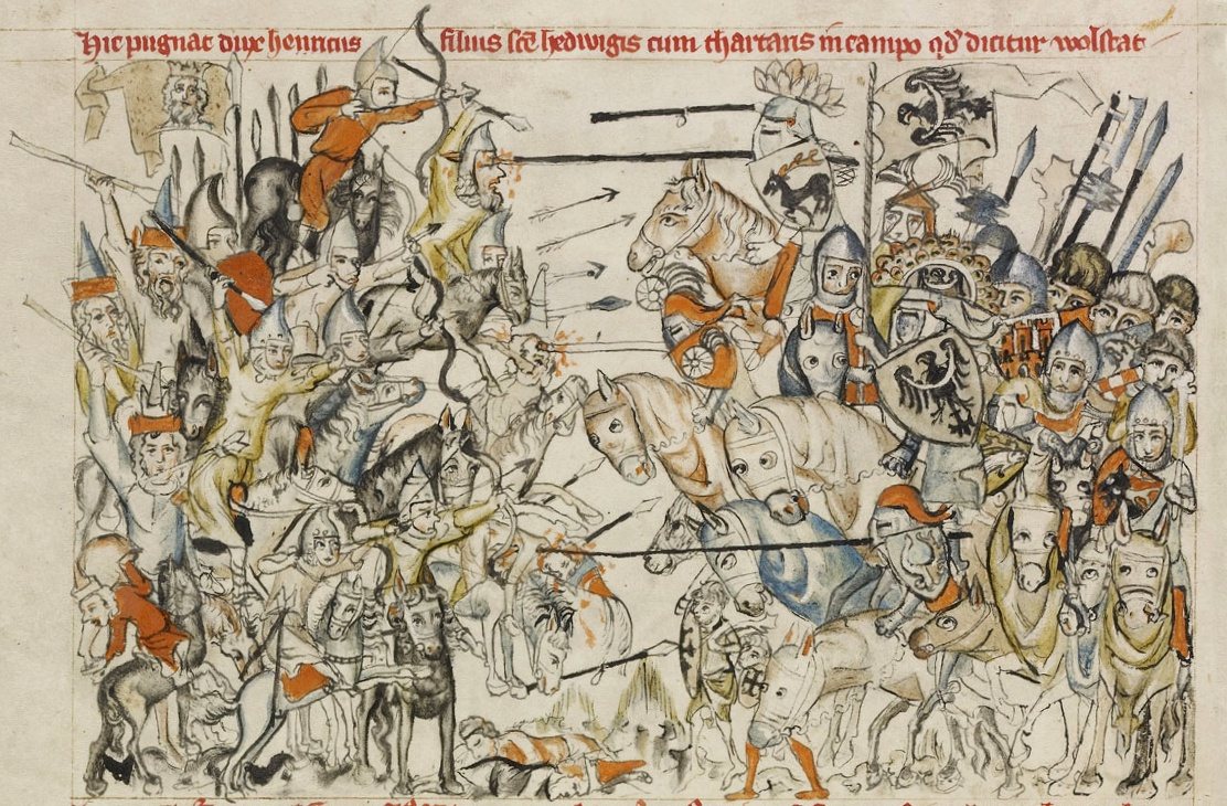 Medieval drawing of knights clashing with Mongol horsemen at Legnica