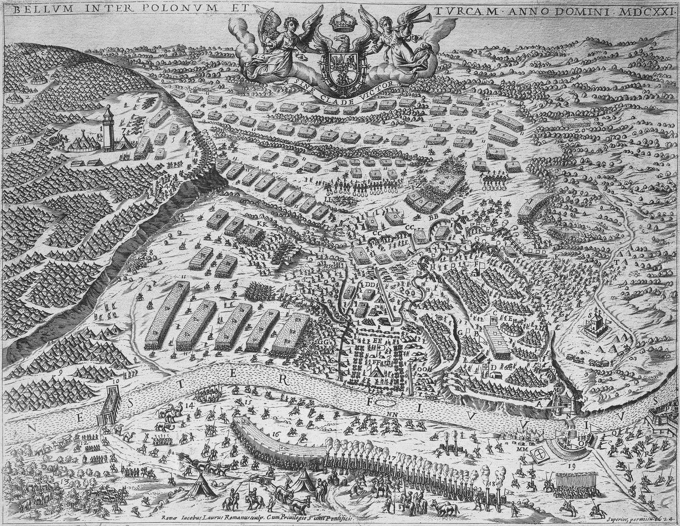 17th century engraved plan of the camps and fortress at Khotyn