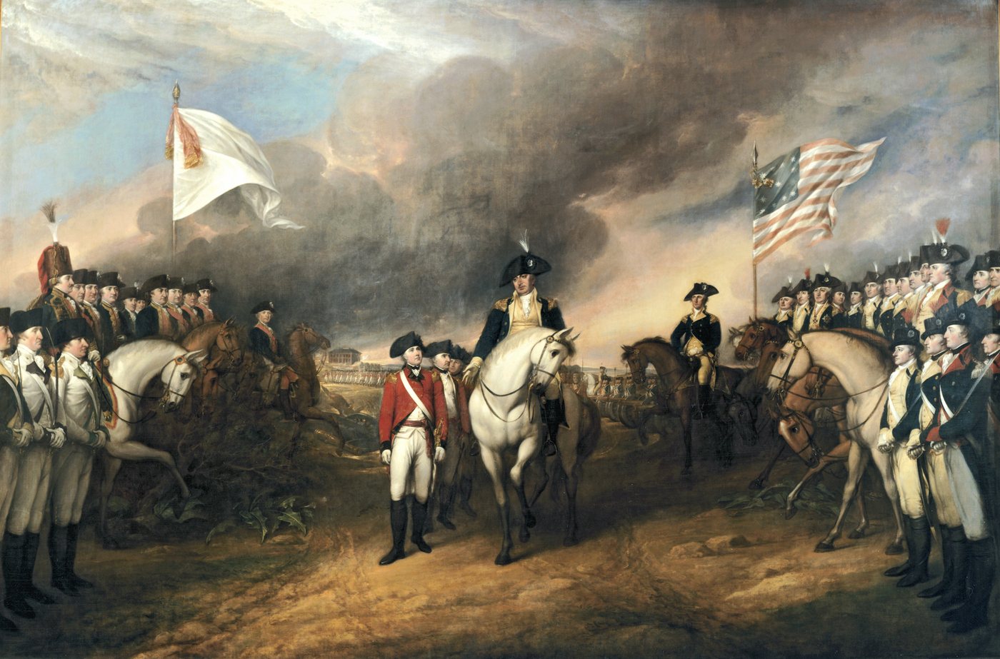 British officers surrendering between lines of French and American troops