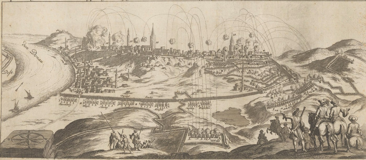 Etched panorama of a walled hilltop city on a river, its towers and minarets under arcs of falling bombs and clouds of smoke, siege lines and batteries below, and horsemen watching from a hill in the foreground.
