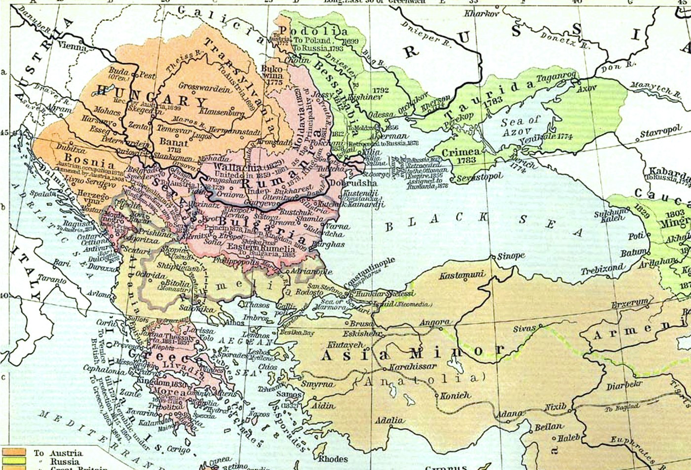 Colored historical map of southeastern Europe and the Black Sea: Hungary, Transylvania and the Banat shaded orange with the note 'to Austria 1699', Podolia marked 'to Poland 1699', the Morea in Greece, and Azov on the Sea of Azov.