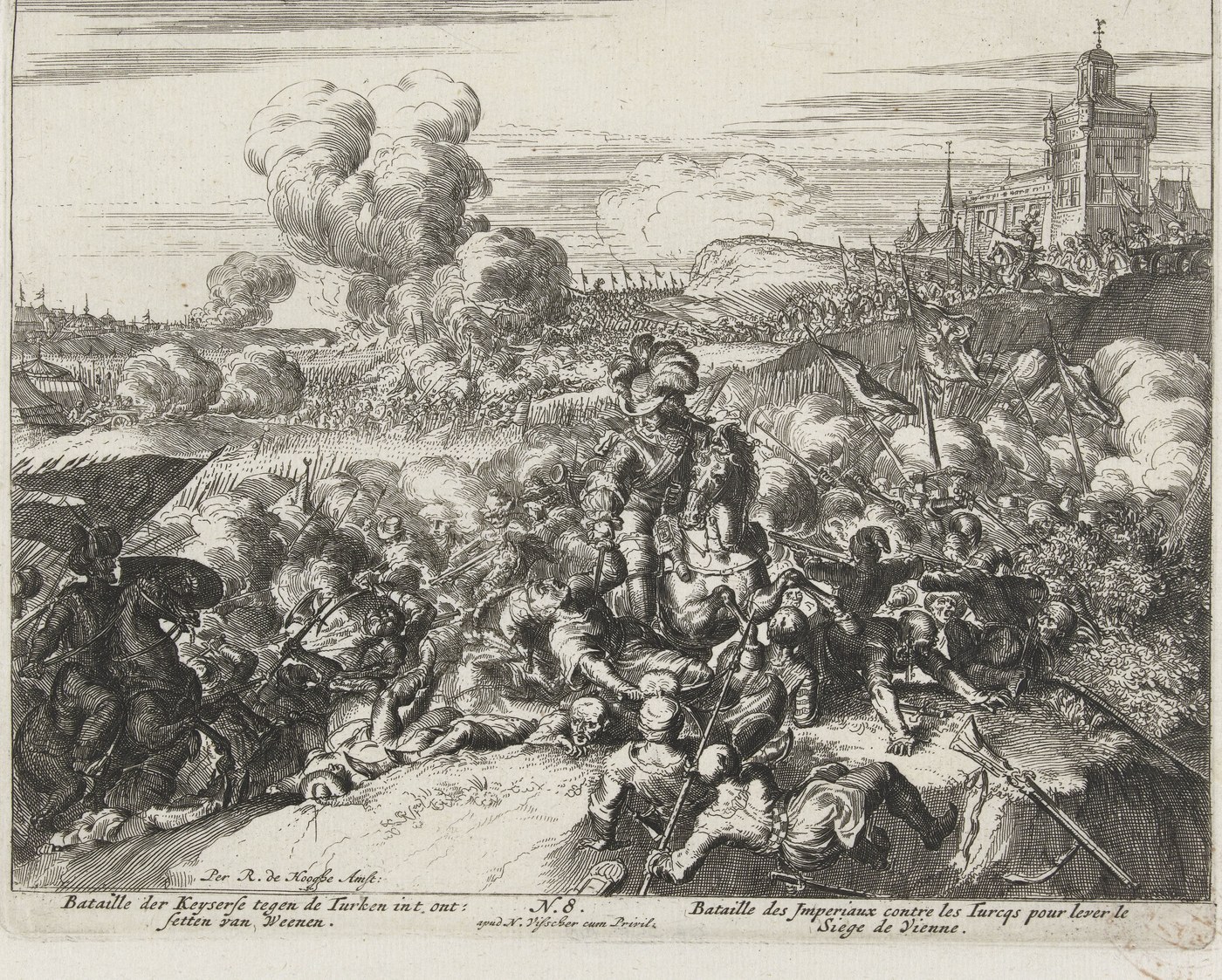 Etching of a battle outside a city: a commander on a rearing horse amid smoke, fallen soldiers in turbans and plumed hats around him, lines of troops and banners on a ridge, and a tall fortified building on the right.