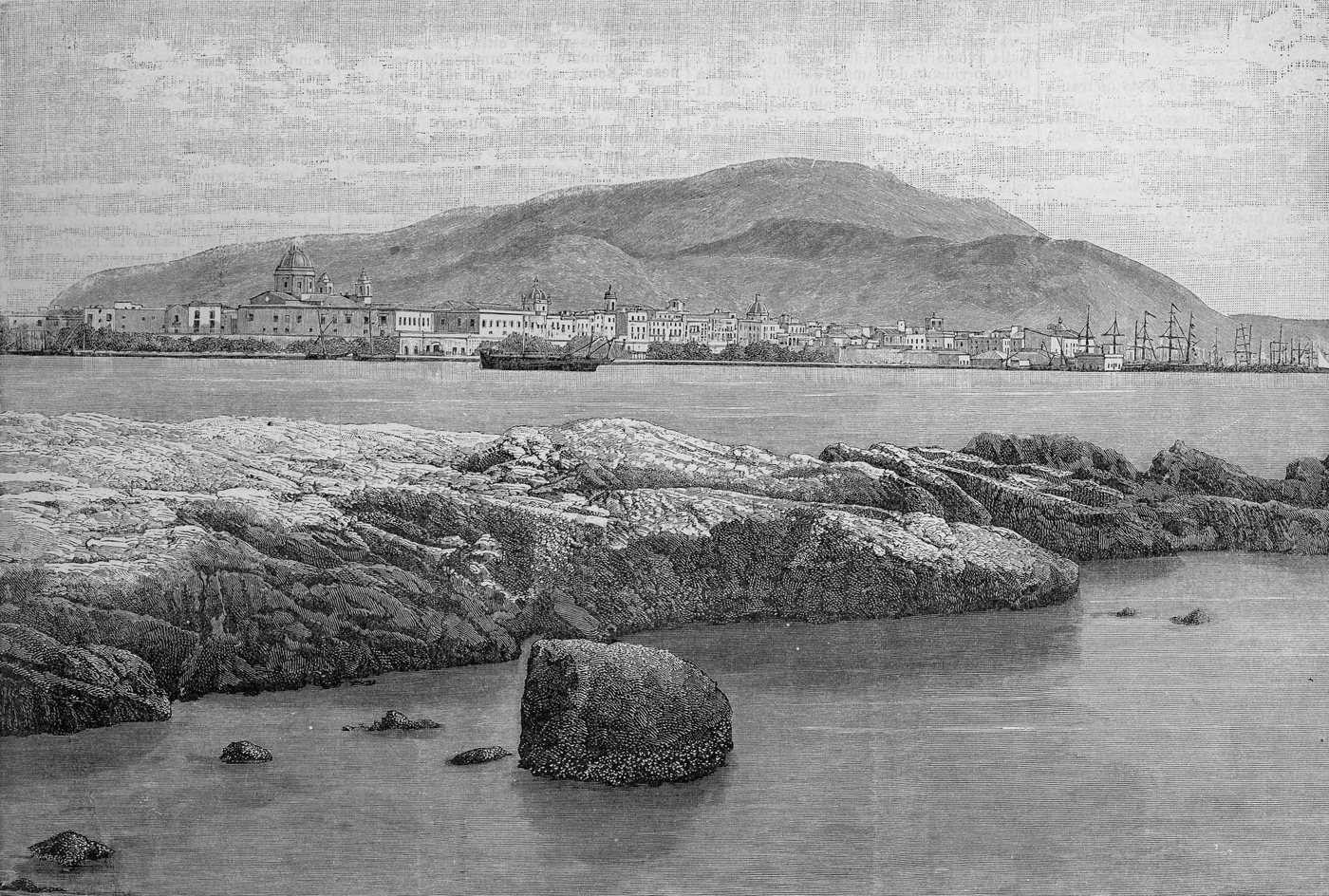Woodcut of the harbour town of Trapani below the mountain of Eryx
