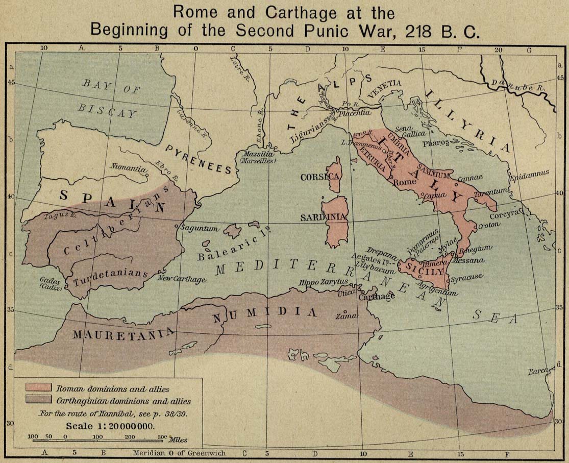 Historical map of Roman and Carthaginian territories in 218 BC