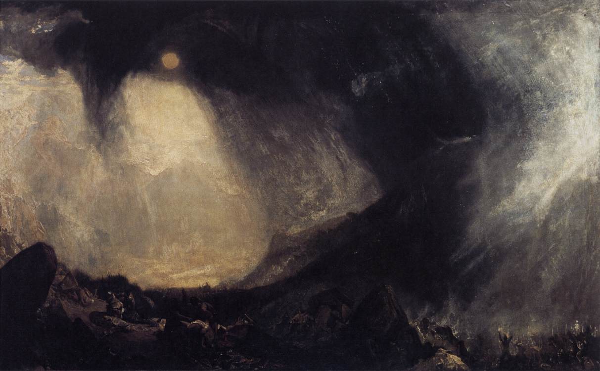 Dark Romantic painting of a swirling snowstorm over a mountain pass with tiny figures of an army below