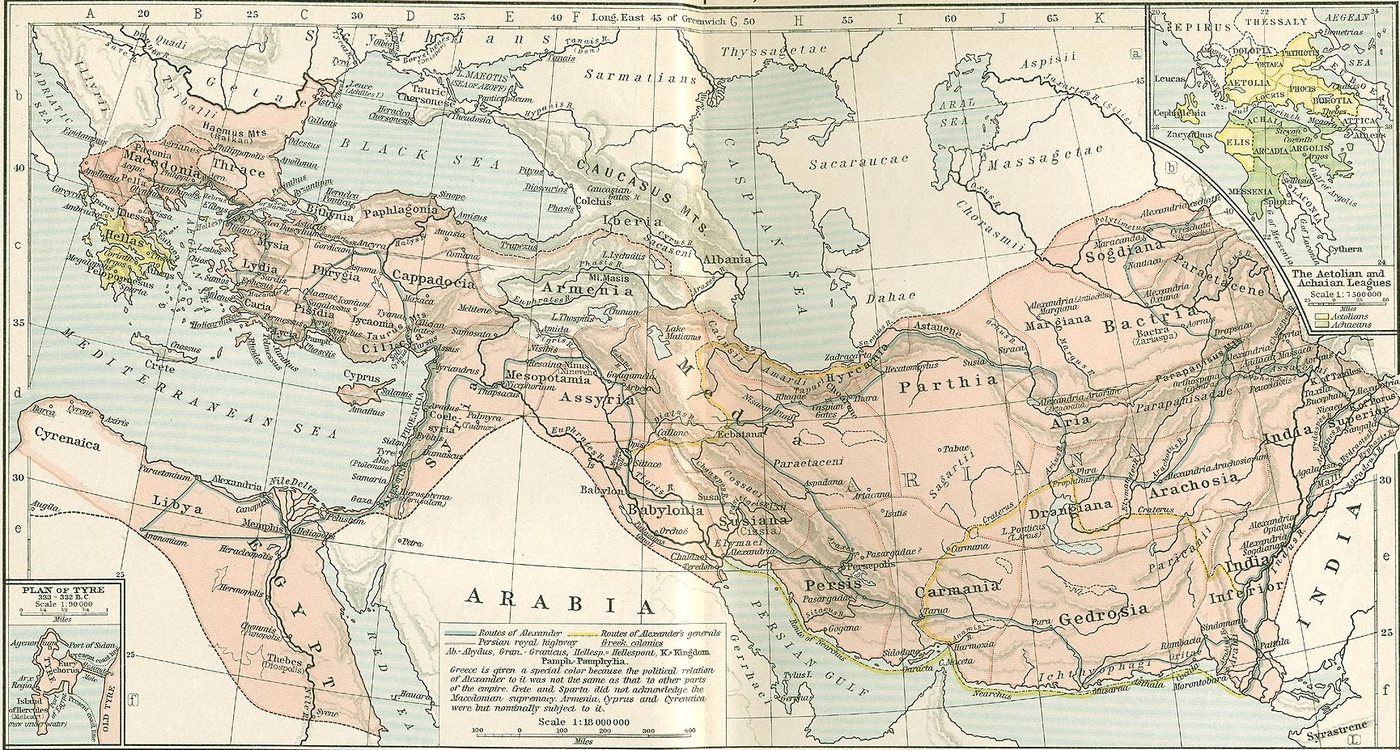 Historical map of Alexander's empire from Greece and Egypt to the Indus