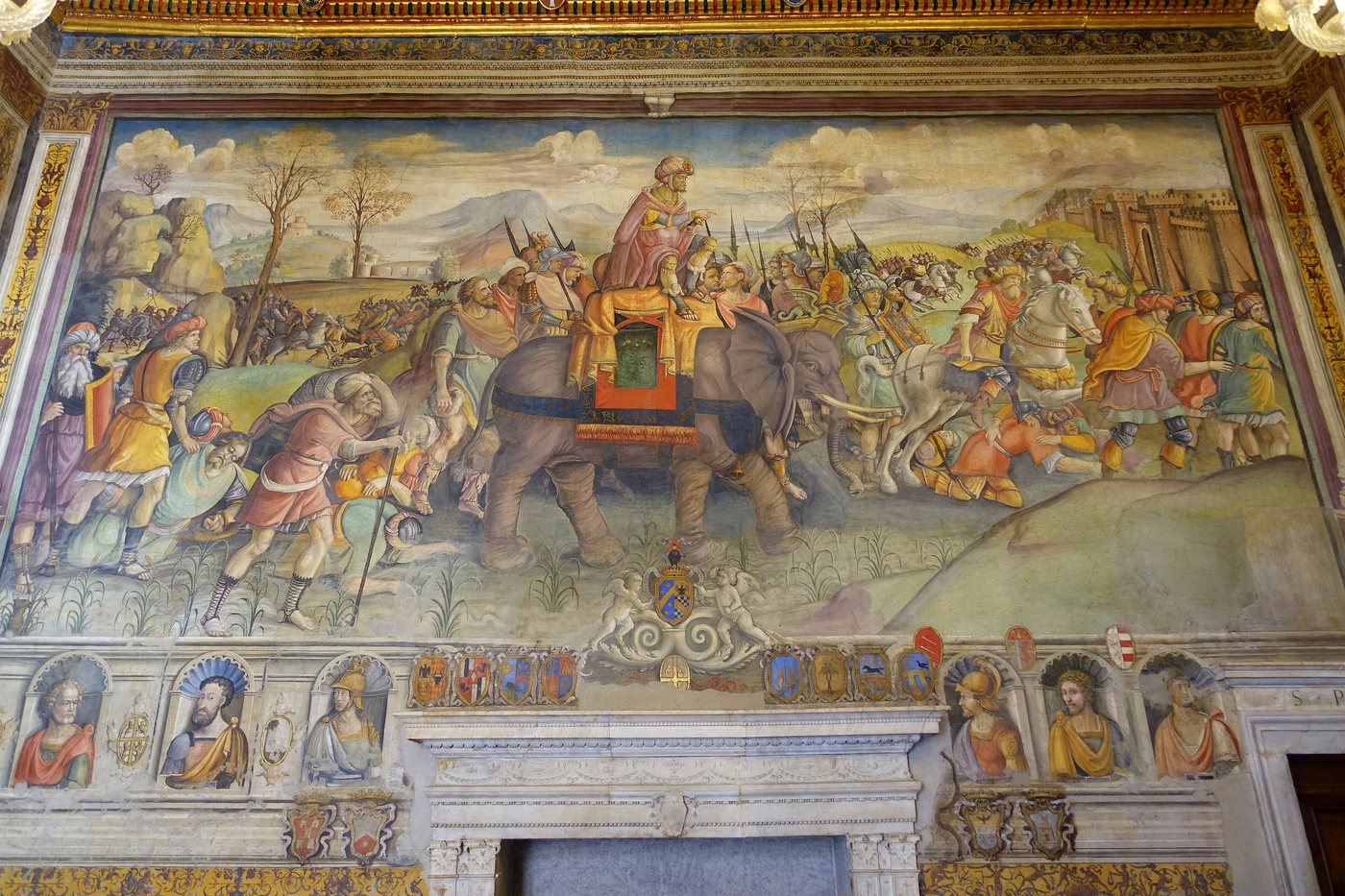 Renaissance fresco of Hannibal riding an elephant at the head of his army