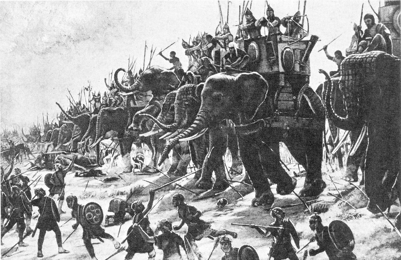 Black and white image of war elephants charging into Roman soldiers