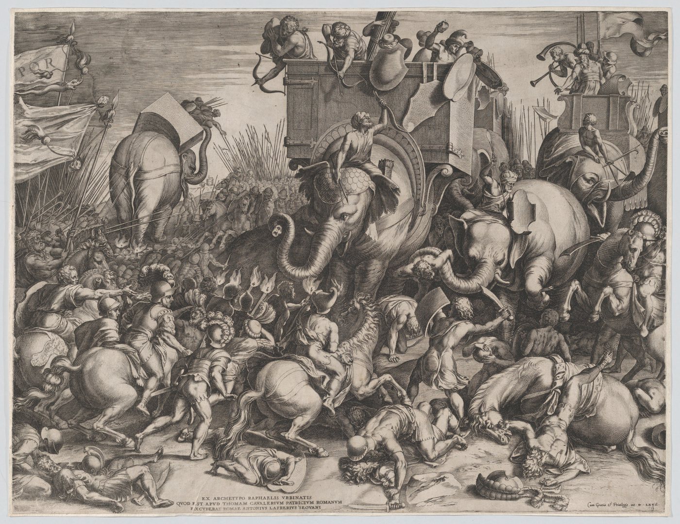 Renaissance engraving of a crowded battle with war elephants carrying towers among soldiers and horses