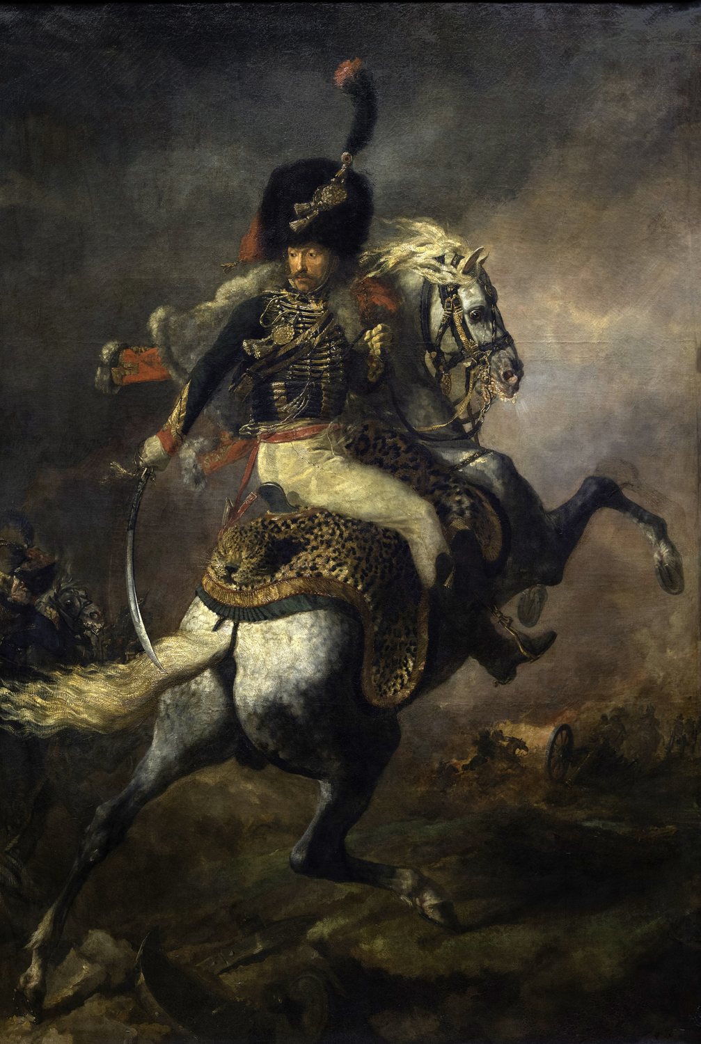 Napoleonic light cavalry officer turning in the saddle on a rearing horse
