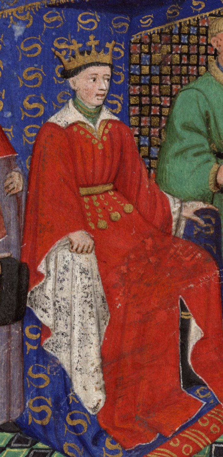 Medieval miniature of Henry V crowned and seated in a red robe