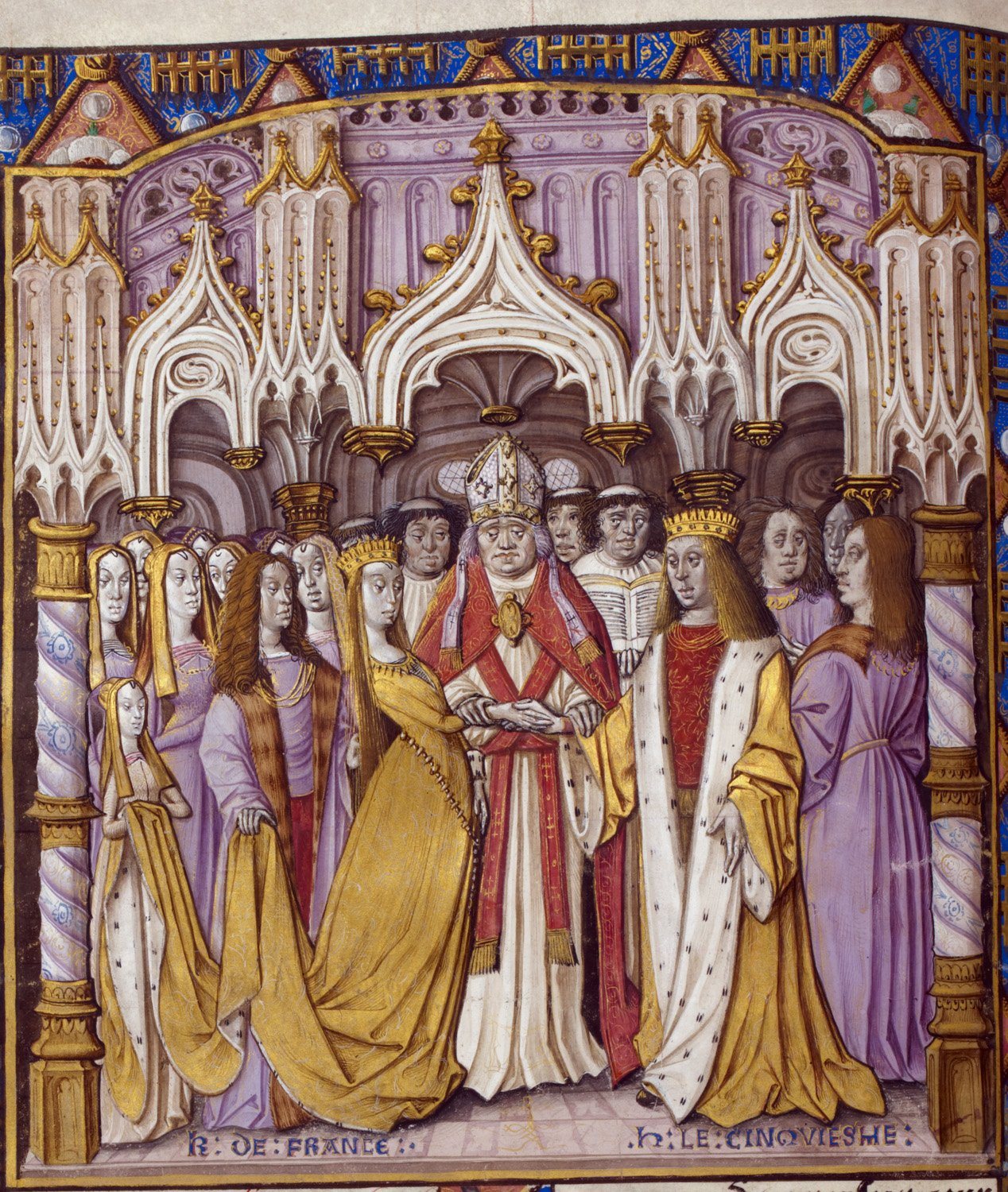 Illuminated miniature of the wedding of Henry V and Catherine before a bishop