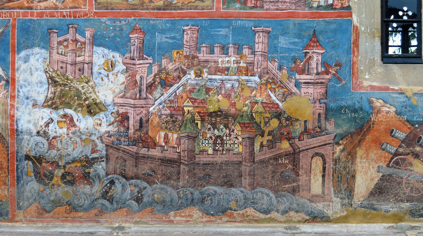 Malowana ściana monasteru: mury Konstantynopola i okręty w czasie oblężenia