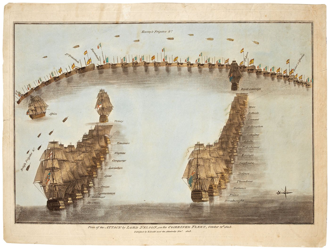 Period print of two columns of sailing warships cutting through a curved enemy line