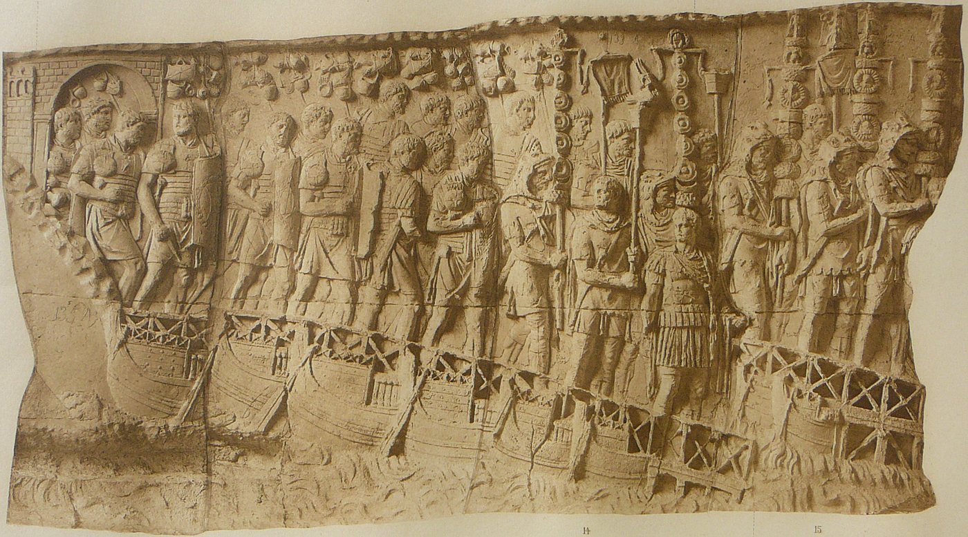 Relief of Roman legionaries with standards marching over a bridge of boats