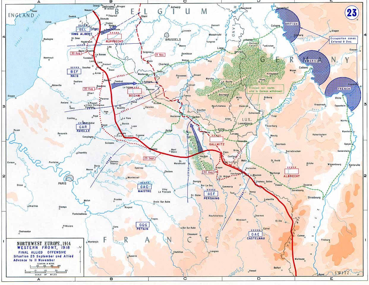 Colored map of north-west Europe from the Channel coast to the Rhine, with a thick red line for the front of 25 September 1918, a dashed red line for the front at the armistice, blue arrows for Allied attacks and labels for the Belgian, British, French and American armies