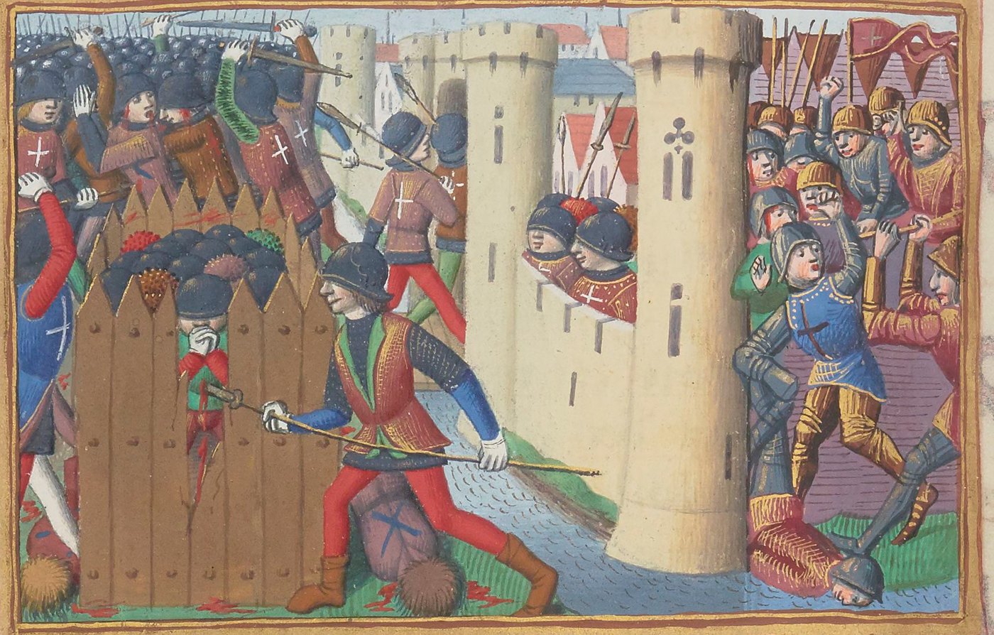 Średniowieczna miniatura: żołnierze szturmują drewnianą palisadę obok okrągłych kamiennych baszt miejskiego muru, poniżej rzeka.
