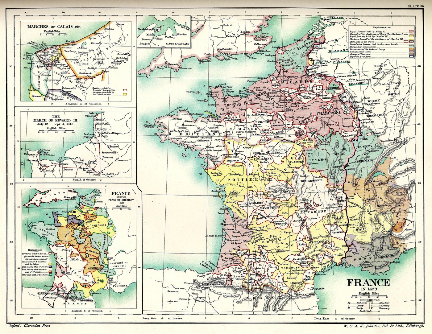 Barwna mapa z atlasu historycznego: Francja w 1429 roku z ziemiami angielskimi, burgundzkimi i królewskimi w różnych kolorach oraz trzema mniejszymi mapami po lewej.
