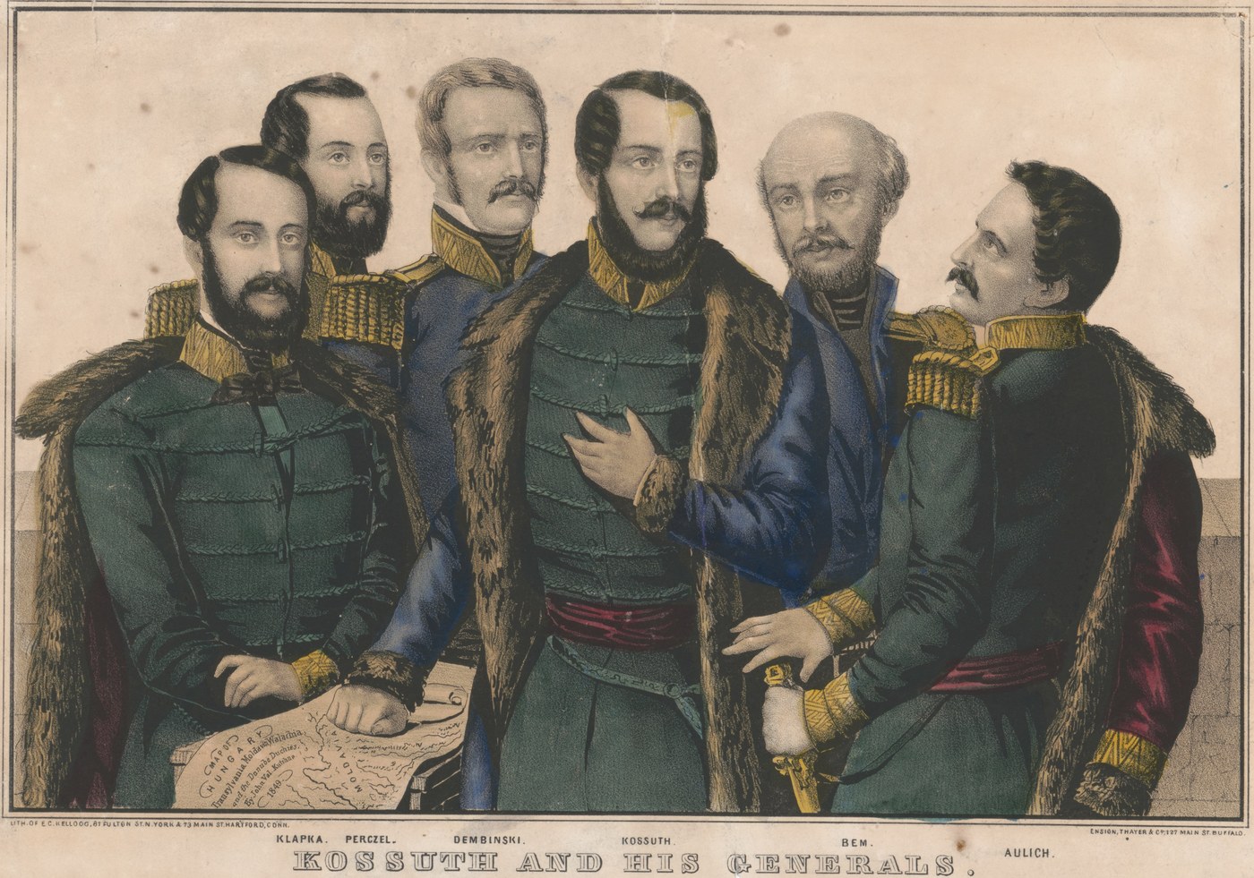 Hand-colored lithograph of six men in Hungarian military coats with fur trim and gold collars standing around a table with a map of Hungary; their names are printed below: Klapka, Perczel, Dembinski, Kossuth, Bem and Aulich.