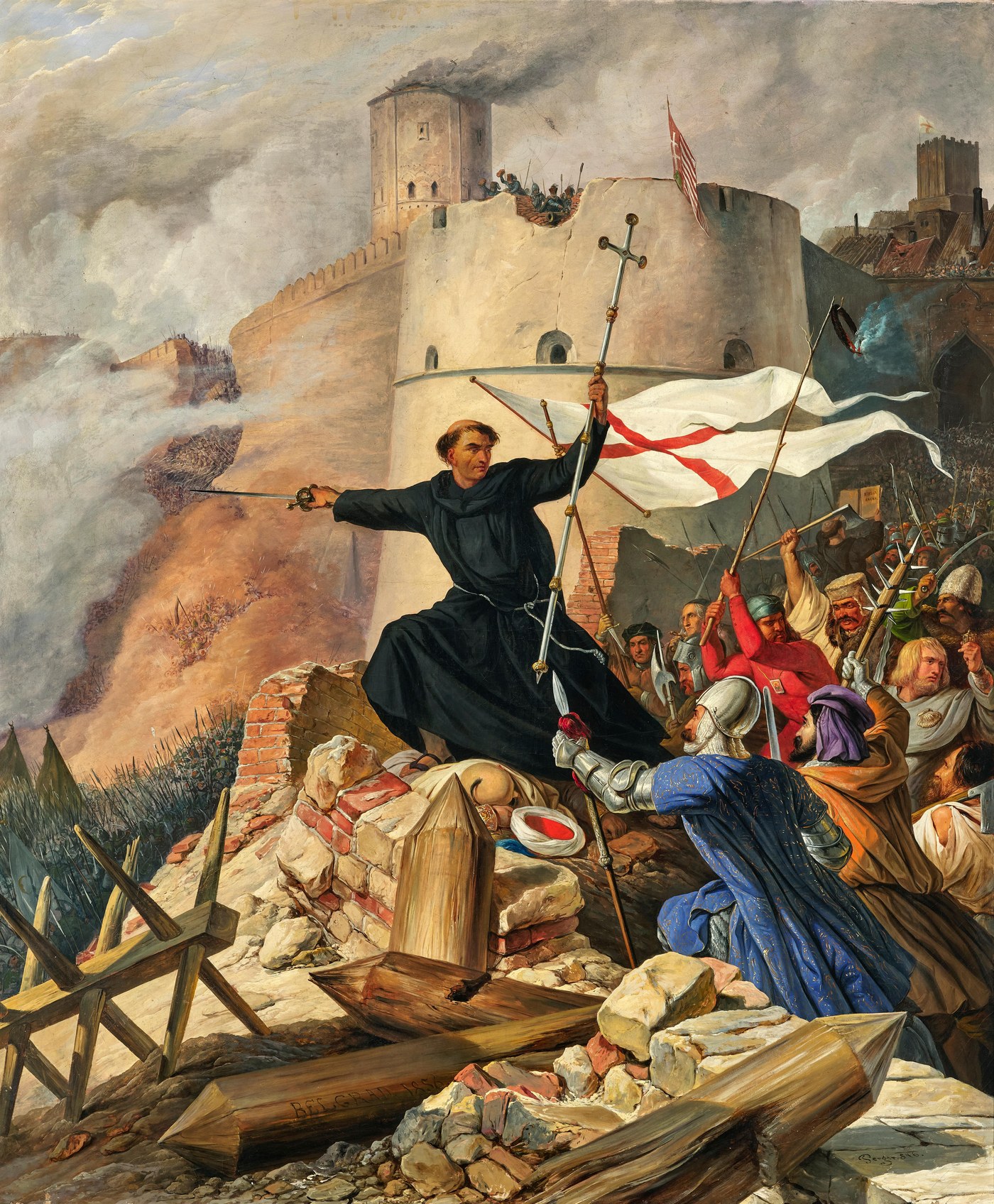 Oil painting of a friar in a black habit standing on the rubble of a breached fortress wall, a crucifix staff in one raised hand and a sword in the other, beside a white banner with a red cross, while armored knights and crusaders surge up behind him under a smoking round tower.