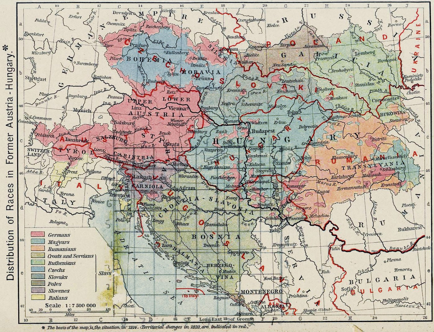 Colored historical map of Austria-Hungary showing where Germans, Magyars, Romanians, Croats and Serbs, Ruthenians, Czechs, Slovaks, Poles, Slovenes and Italians lived in 1914, with the new borders of 1920 drawn in red and the names of the successor states in red letters.