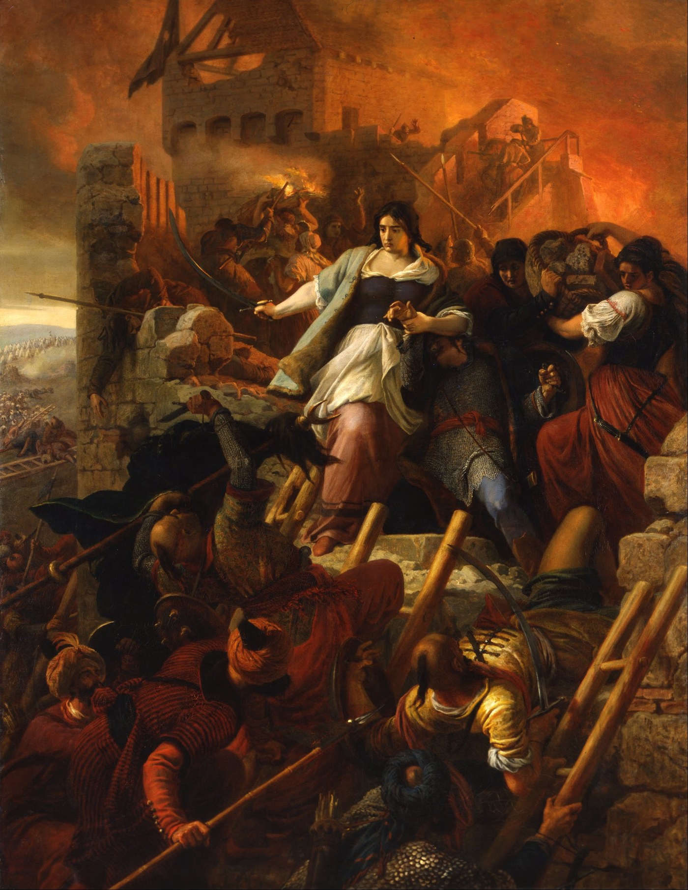 Oil painting of a breach in a burning castle wall: a young woman in a blue bodice and white apron stands on the rubble with a saber, other women push stones and fight beside her, and turbaned Ottoman soldiers climb ladders below under red smoke.
