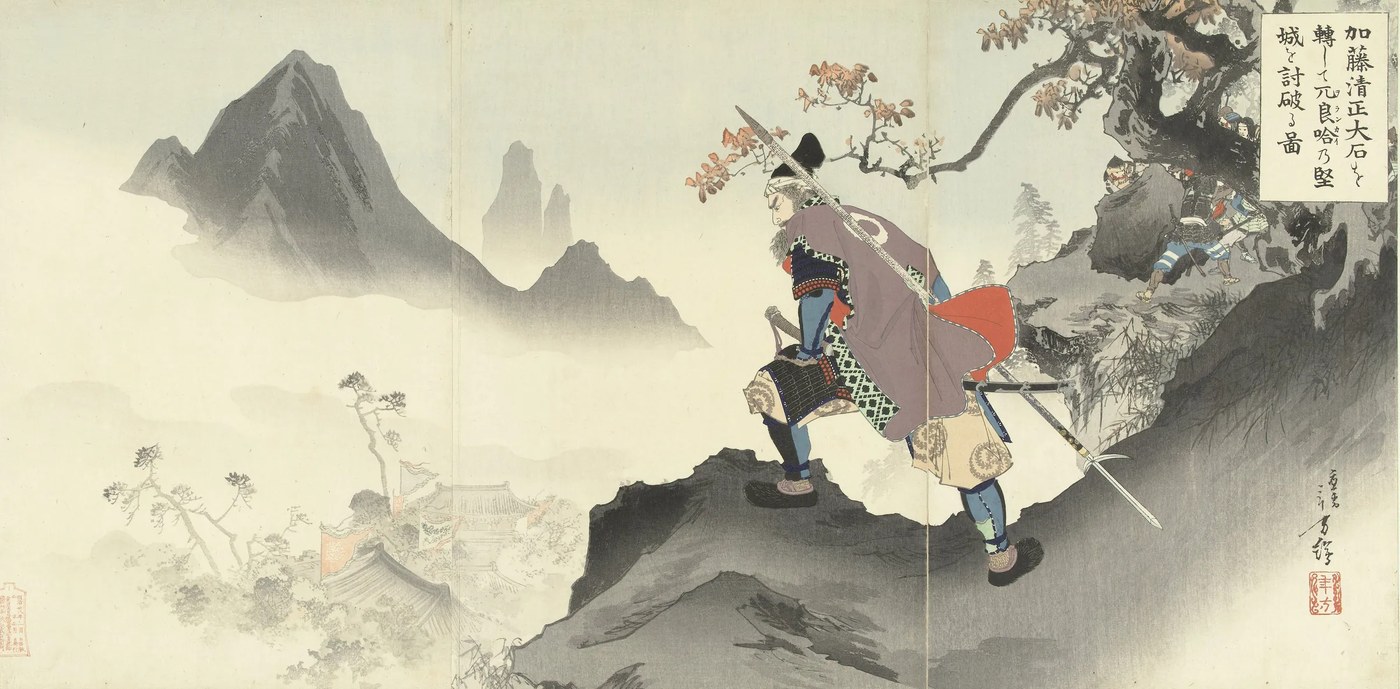 Japanese color woodblock triptych: a bearded samurai general in armor and a mauve cloak, a tall spear on his shoulder, stands on a misty mountain ledge looking down on a walled palace in the valley, while his soldiers push a great boulder toward the cliff edge behind him.