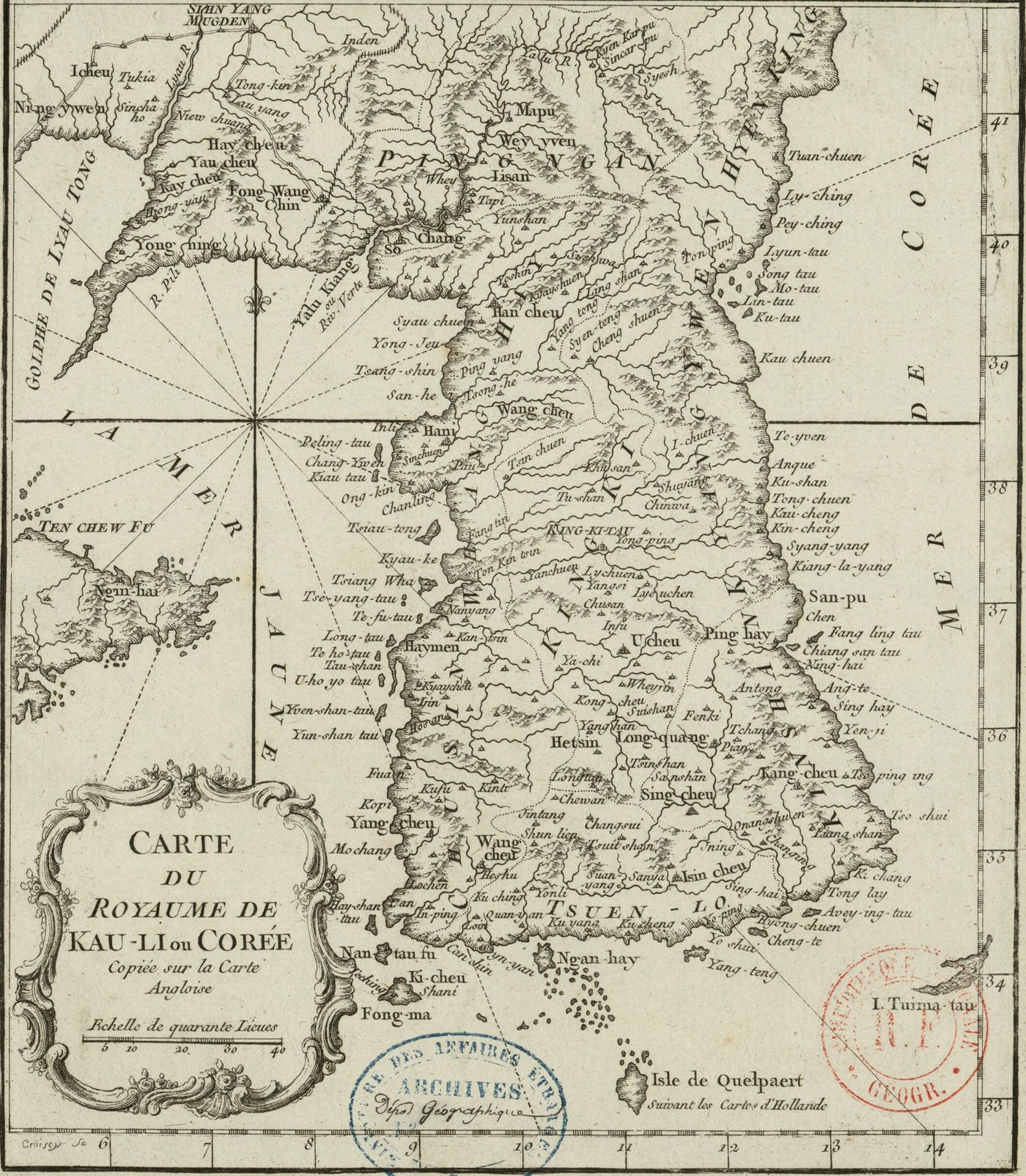 Engraved eighteenth-century map of the Korean peninsula with its provinces, rivers and mountain ranges, the Yellow Sea to the west and the Sea of Korea to the east, the island of Tsushima at bottom right and an ornate title cartouche at bottom left.
