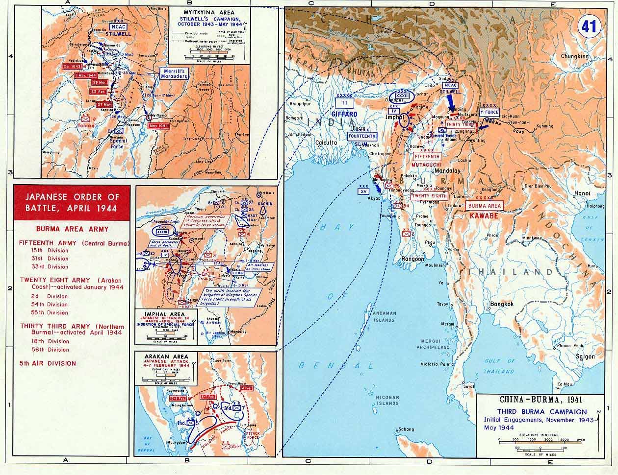 Coloured campaign map of Burma and north-east India with insets for the Myitkyina, Imphal and Arakan areas, red Japanese attack arrows towards Imphal and Kohima and a Japanese order of battle for April 1944